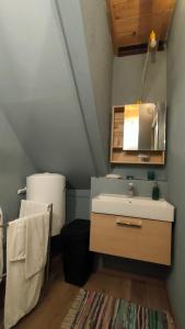 bagno con lavandino e specchio di Appartamento indipendente in Franciacorta a Passirano