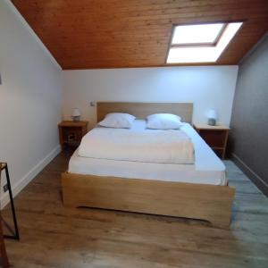 sypialnia z dużym łóżkiem i oknem dachowym w obiekcie Superbe appartement tout confort w mieście Lyaud