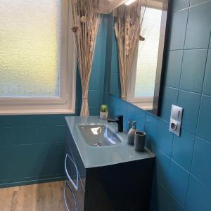 a blue bathroom with a sink and a mirror at Superbe appartement tout confort in Lyaud