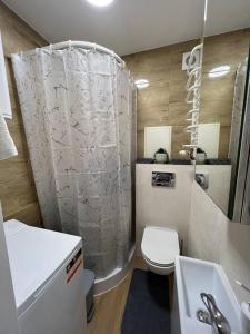 a bathroom with a toilet and a sink and a shower at ApartmentsByMatyrafa-I in Tarnowskie Góry