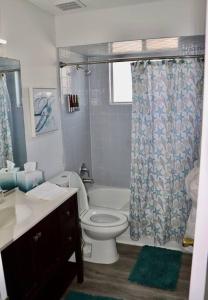 a bathroom with a toilet and a shower curtain at Peaceful Family Lake House in Jacksonville