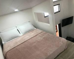 1 dormitorio con 1 cama grande y 2 ventanas en Loft Alajuela, en Alajuela