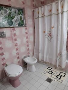 y baño con aseo y cortina de ducha. en Hortencia en El Bolsón
