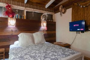 a bedroom with a bed with a tv on the wall at Le Charme Polynésien proximité plage et commerces in Punaauia