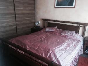 a bed with a pink comforter in a bedroom at Ferienwohnung Koblenz in Koblenz