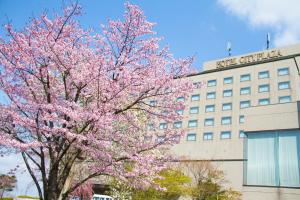 北上的住宿－城市廣場北上酒店，一座建筑物前有粉红色花的树