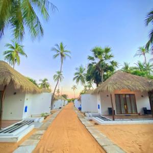 een rij huizen op het strand met palmbomen bij The Blue Lagoon Resort Kalpitiya in Kalpitiya