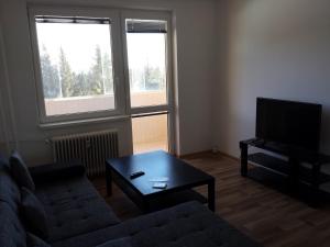 a living room with a couch and a coffee table at Apartmanovy byt pri Zubačke in Štrba
