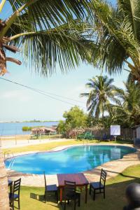 - une piscine avec des chaises et une table à côté de la plage dans l'établissement The Blue Lagoon Resort Kalpitiya, à Kalpitiya