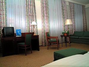 ゲルリッツにあるロマンティック ホテル トゥーフマッハーのベッドとテレビが備わるホテルルームです。