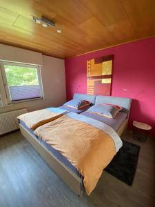 布勞恩拉格的住宿－Brockenblick，一间卧室配有一张带粉红色墙壁的大床
