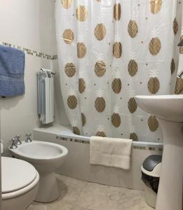 y baño con aseo, lavabo y cortina de ducha. en A&B Apartment en Salta