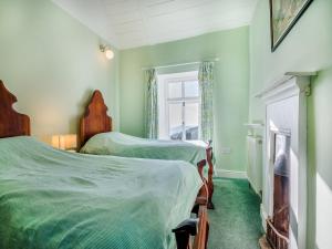 2 camas en un dormitorio verde con chimenea en The Chantry, en Garway