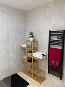 a bathroom with a shelf with towels and a plant at Maison rénovée à ceton dans la région du perche en basse Normandie in Ceton