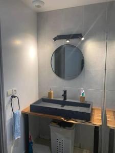 ein Badezimmer mit einem blauen Waschbecken und einem Spiegel in der Unterkunft Maison rénovée à ceton dans la région du perche en basse Normandie in Ceton