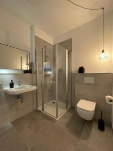 ein Badezimmer mit Dusche, Toilette und Waschbecken in der Unterkunft Apartmenthaus Sassnitz Zum Stadthafen Apartment 4 in Sassnitz