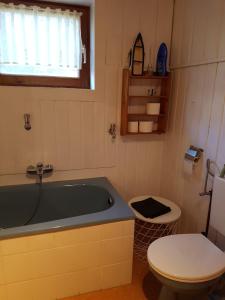 baño pequeño con bañera y aseo en Laras Ferienhaus en Worpswede