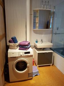 a washing machine in a bathroom with a sink at Laras Ferienhaus in Worpswede