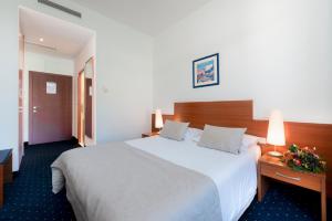 a hotel room with a large bed and a desk at Hotel Vis in Dubrovnik