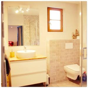 a bathroom with a sink and a toilet and a mirror at Maison 3 chambres au Lac d'Annecy, 30min La Clusaz in Menthon-Saint-Bernard +54 photos