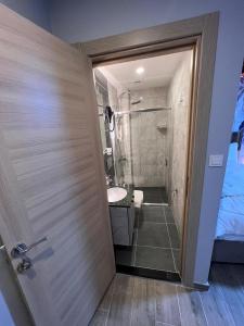Mudem Boutique Hotel في إسطنبول: حمام مع دش ومرحاض ومغسلة