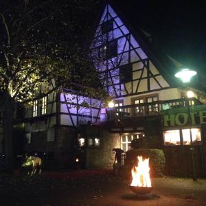 a fire in front of a building at night at Altes Badhaus in Eberbach
