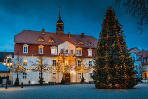 a christmas tree in front of a large building at Ferienwohnungen am Markt - Der Sachsenhof in Bad Liebenwerda