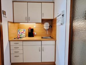 a small kitchen with white cabinets and a sink at Vier Jahreszeiten 3-22 in Großenbrode