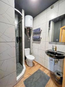 a bathroom with a shower and a toilet and a sink at Apartments in Kaunas in Kaunas