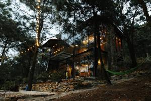 a tree house in the woods at night at The Moonlight Villa in Sóc Sơn