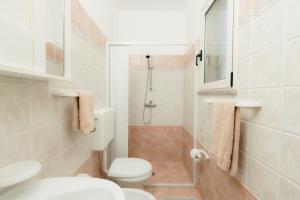 a small bathroom with a toilet and a shower at Pescoluse Houses in Marina di Pescoluse