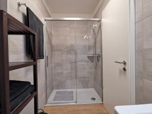 a shower with a glass door in a bathroom at LOFT 18! Cozy loft downtown near the lake with FREE PARKING in Lugano