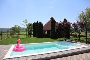 um cisne cor-de-rosa sentado numa piscina em Memory Vendégház em Várvölgy