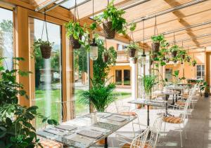 invernadero con mesas y sillas con plantas en HENRI Country House Seefeld, en Seefeld in Tirol