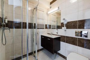 a bathroom with a sink and a shower at Apartamenty Eko in Szczawnica