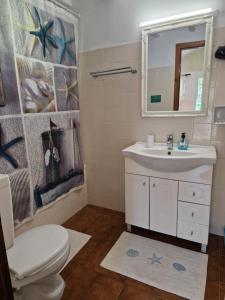 a bathroom with a sink and a toilet and a mirror at Eleni's Apartments in Barbati