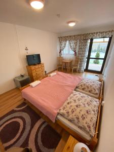 a bedroom with a bed and a television and a table at Aranyló Vendégház in Alsótelekes +72 photos