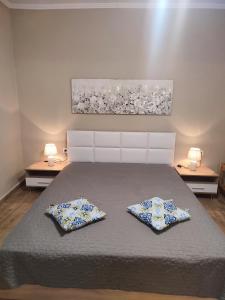 a bedroom with a bed with two pillows on it at ALICE'S ARt HOUSE in Kavála