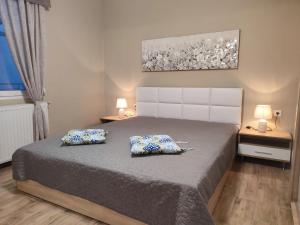 1 dormitorio con 1 cama grande y 2 almohadas en ALICE'S ARt HOUSE en Kavala