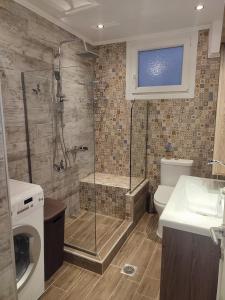 y baño con ducha, aseo y lavamanos. en ALICE'S ARt HOUSE en Kavala