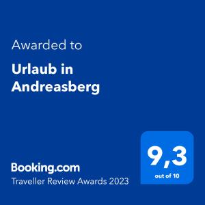 Certificat, premi, rètol o un altre document de Urlaub in Andreasberg