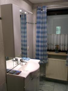 y baño con lavabo y espejo. en Kleine einfache Ferienwohnung in malerischer Umgebung Salzburgs en Koppl