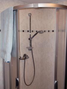 y baño con ducha con cabezal de ducha. en Kleine einfache Ferienwohnung in malerischer Umgebung Salzburgs, en Koppl
