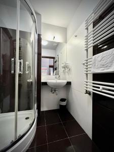 a bathroom with a sink and a shower at Hotel Szyndzielnia in Bielsko-Biala