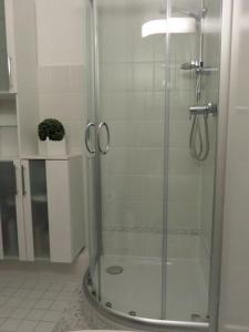 a shower with a glass door in a bathroom at Ferienwohnung-Kassiopeia in Laboe