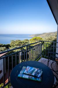 a table on a balcony with a view of the ocean at La Casa del Maestro Attico in Pisciotta