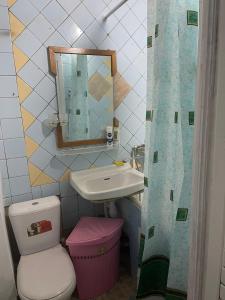 uma casa de banho com um lavatório, um WC e um espelho. em One Bedroom Apartment Near Buyuk Ipak Yuli Metro Station, Located in Downtown em Tashkent