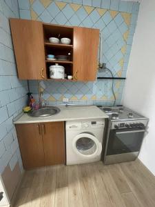 uma pequena cozinha com um lavatório e uma máquina de lavar roupa em One Bedroom Apartment Near Buyuk Ipak Yuli Metro Station, Located in Downtown em Tashkent