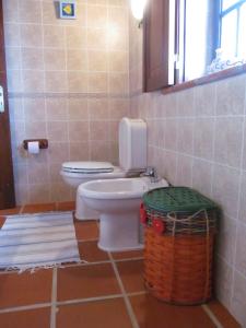 a bathroom with a toilet and a sink and a basket at Golf & Surf Holiday House in Casal da Lagoa Seca