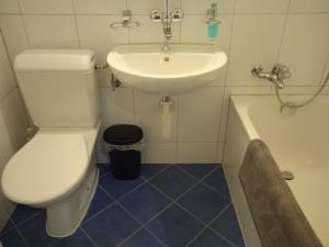 y baño con aseo, lavabo y bañera. en Studio flat in the heart of Zug, ideal for solo travellers en Zug